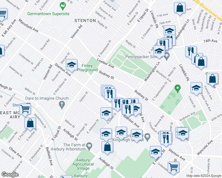 map of restaurants, bars, coffee shops, grocery stores, and more near 1503 Barringer Street in Philadelphia