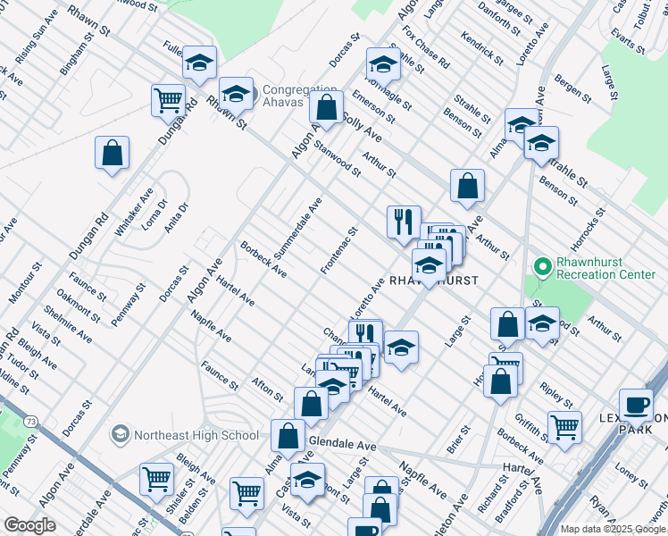 map of restaurants, bars, coffee shops, grocery stores, and more near 7927 Frontenac Street in Philadelphia