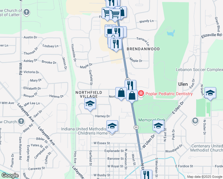 map of restaurants, bars, coffee shops, grocery stores, and more near 1718 Syracuse Drive in Lebanon