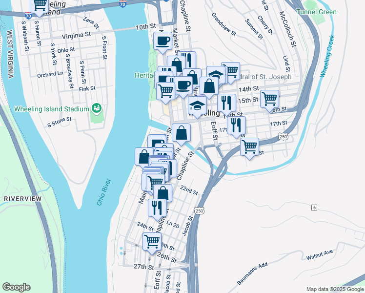 map of restaurants, bars, coffee shops, grocery stores, and more near 1900 Market Street in Wheeling