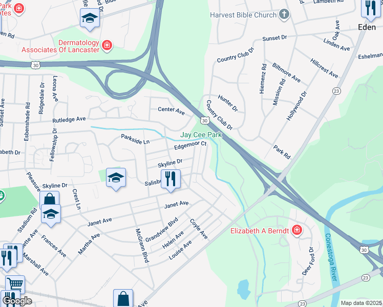 map of restaurants, bars, coffee shops, grocery stores, and more near 1033 Skyline Drive in Lancaster