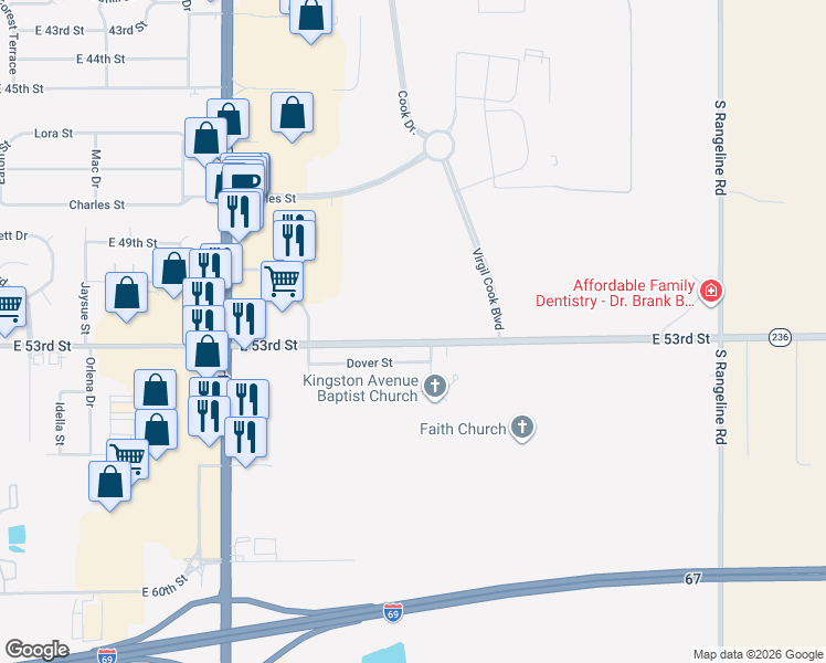 map of restaurants, bars, coffee shops, grocery stores, and more near 2326 E 53rd St in Anderson