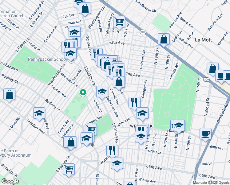 map of restaurants, bars, coffee shops, grocery stores, and more near 7063 Forrest Avenue in Philadelphia