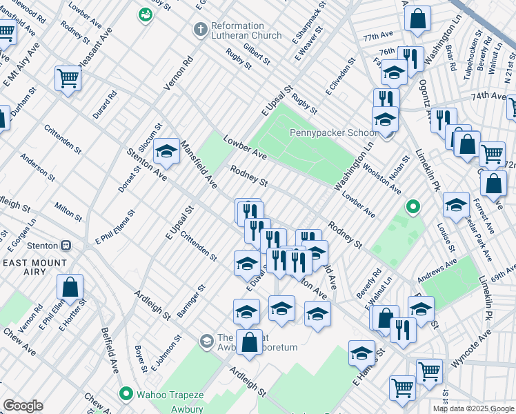 map of restaurants, bars, coffee shops, grocery stores, and more near 1503 Barringer Street in Philadelphia