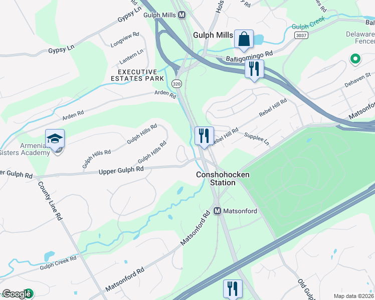 map of restaurants, bars, coffee shops, grocery stores, and more near 1100 Grandview Terrace in Wayne