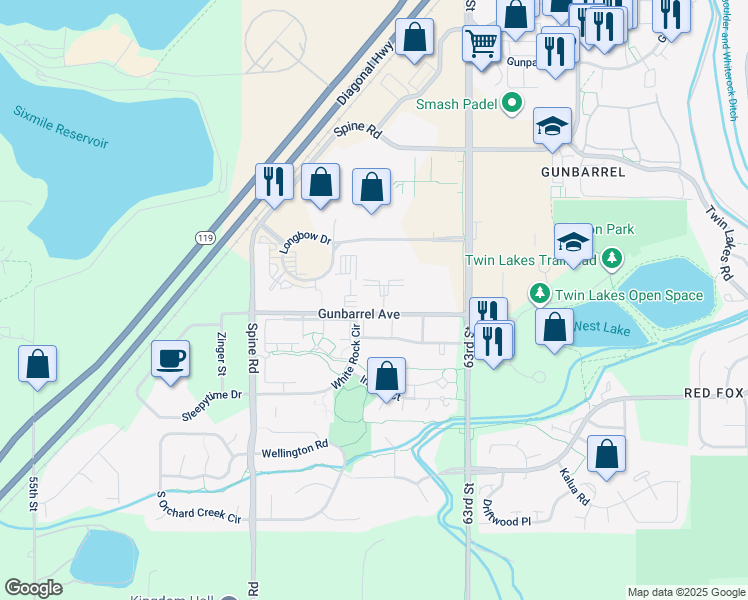 map of restaurants, bars, coffee shops, grocery stores, and more near 6125 Gunbarrel Avenue in Boulder