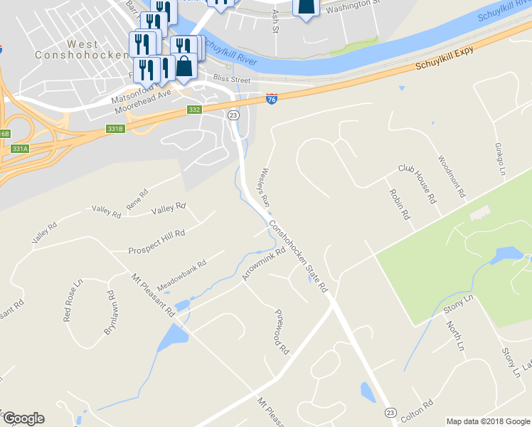 map of restaurants, bars, coffee shops, grocery stores, and more near 1405 Wesleys Run in Gladwyne