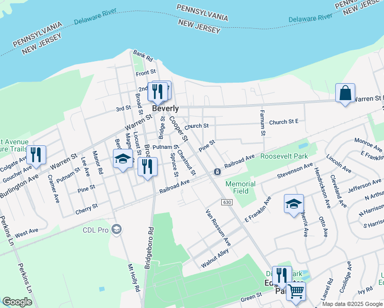 map of restaurants, bars, coffee shops, grocery stores, and more near 529 Cooper Street in Beverly