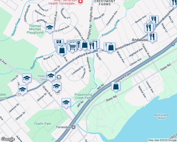 map of restaurants, bars, coffee shops, grocery stores, and more near 9972 Hegerman Street in Philadelphia