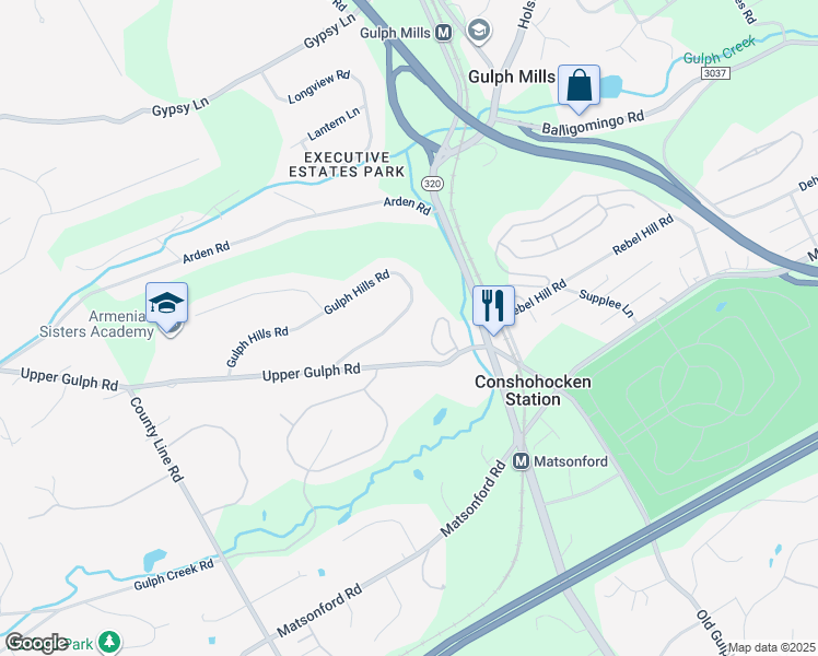 map of restaurants, bars, coffee shops, grocery stores, and more near 153 Gulph Hills Road in Wayne
