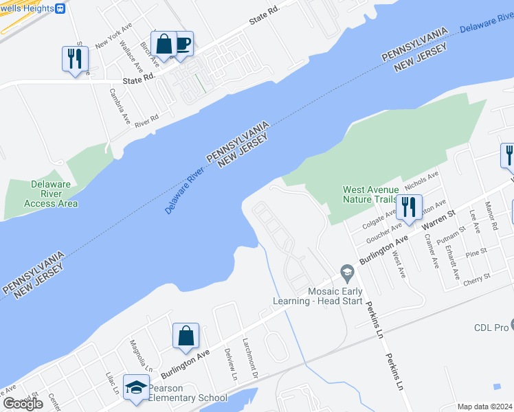 map of restaurants, bars, coffee shops, grocery stores, and more near 23 River Lane in Delanco