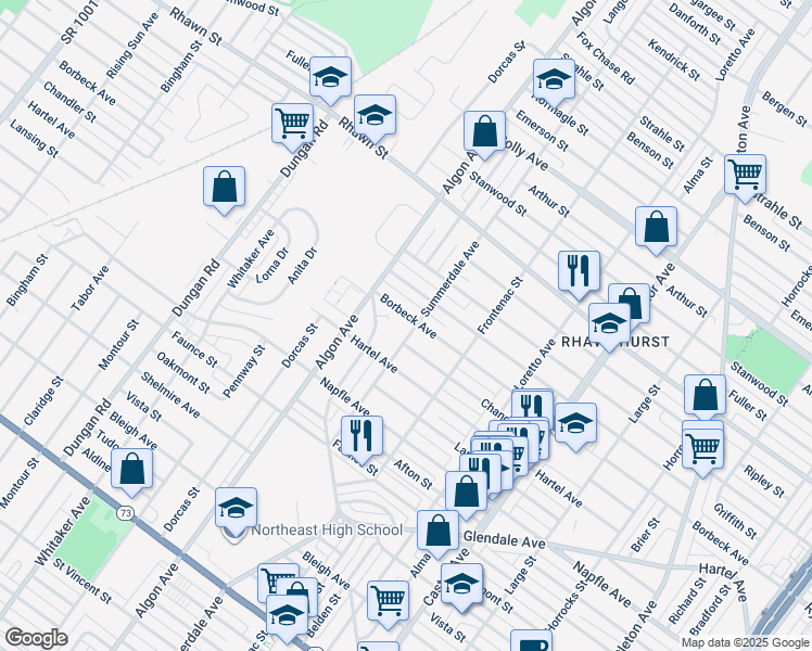 map of restaurants, bars, coffee shops, grocery stores, and more near 7830 Summerdale Avenue in Philadelphia
