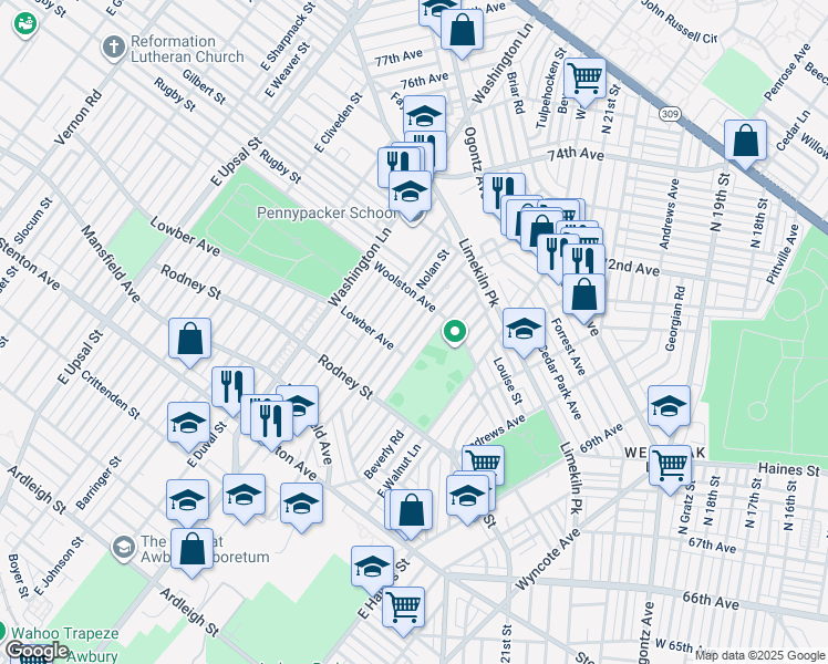 map of restaurants, bars, coffee shops, grocery stores, and more near 1723 Wynsam Street in Philadelphia
