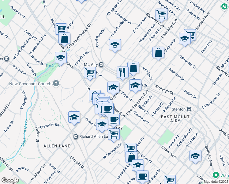 map of restaurants, bars, coffee shops, grocery stores, and more near 135 East Mount Airy Avenue in Philadelphia