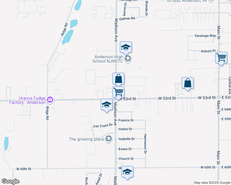 map of restaurants, bars, coffee shops, grocery stores, and more near 5100 Madison Avenue in Anderson