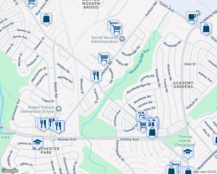 map of restaurants, bars, coffee shops, grocery stores, and more near 9125 Ryerson Road in Philadelphia