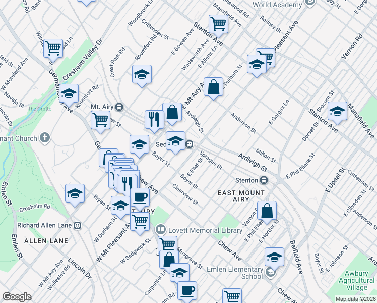 map of restaurants, bars, coffee shops, grocery stores, and more near 230 East Durham Street in Philadelphia