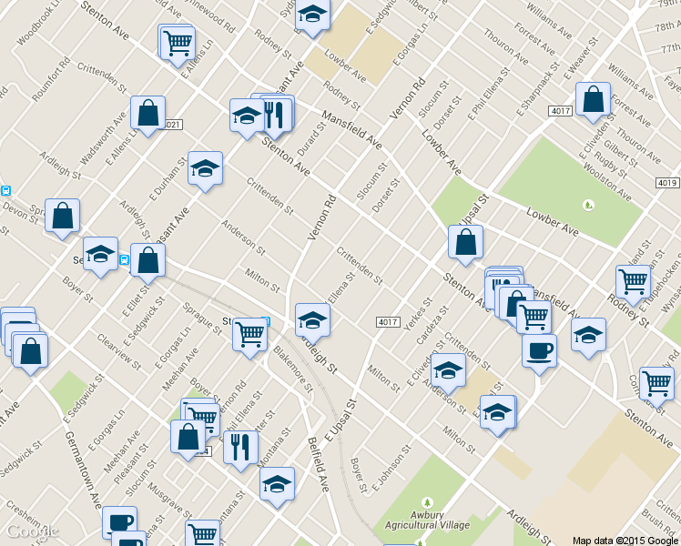 map of restaurants, bars, coffee shops, grocery stores, and more near 727 East Phil Ellena Street in Philadelphia