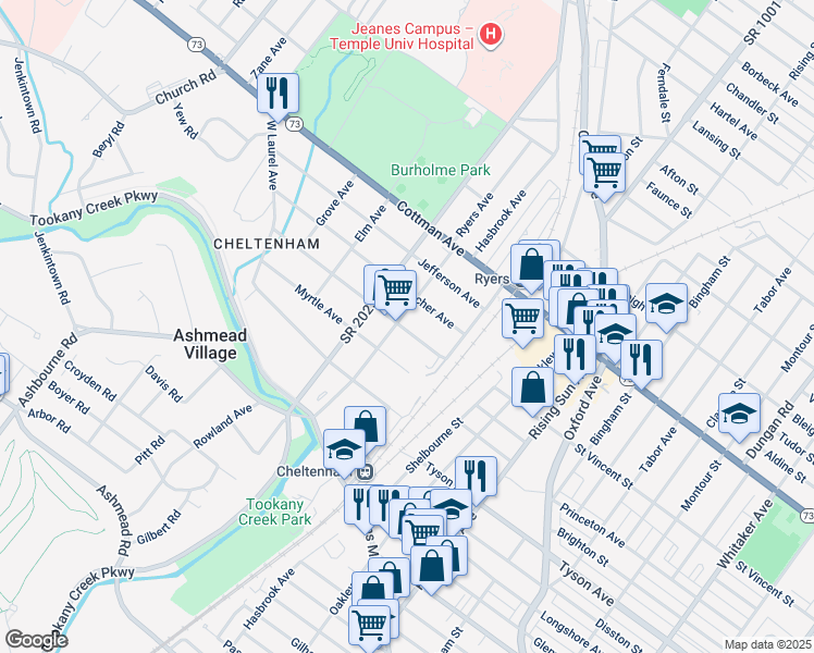 map of restaurants, bars, coffee shops, grocery stores, and more near 140 Franklin Avenue in Montgomery County