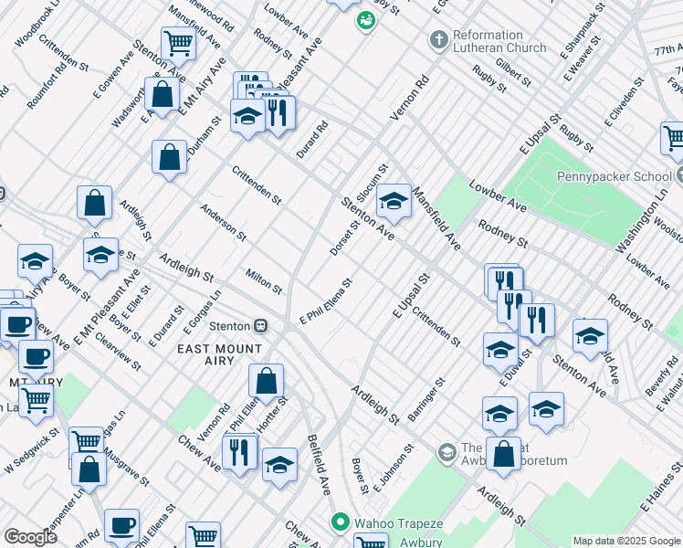 map of restaurants, bars, coffee shops, grocery stores, and more near 727 East Phil Ellena Street in Philadelphia