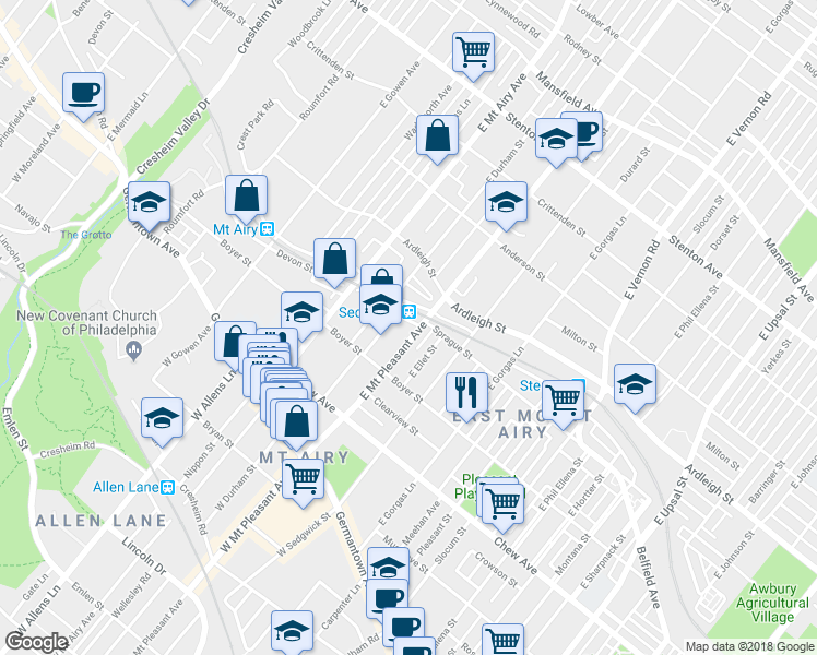 map of restaurants, bars, coffee shops, grocery stores, and more near 230 East Durham Street in Philadelphia