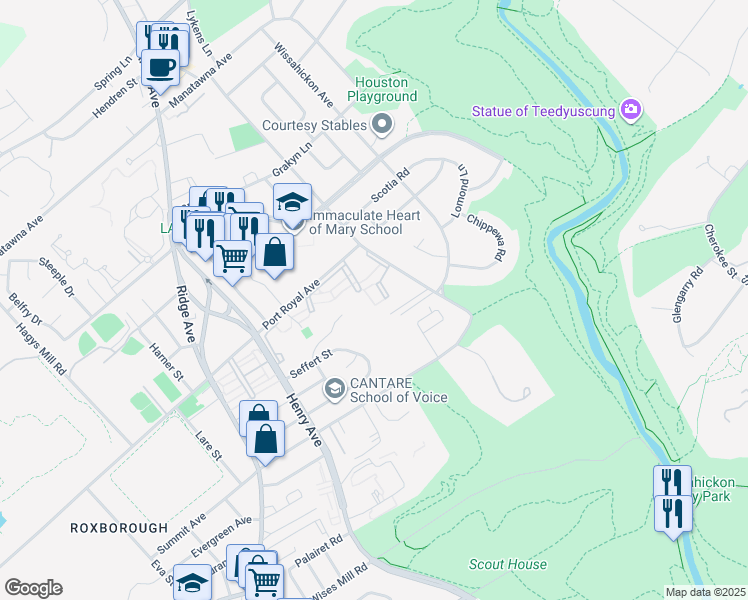 map of restaurants, bars, coffee shops, grocery stores, and more near 8201 Henry Avenue in Philadelphia