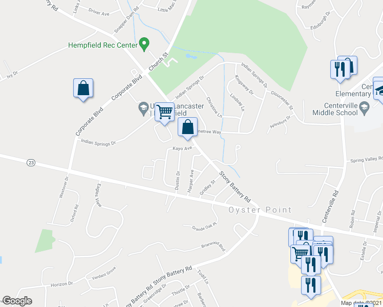 map of restaurants, bars, coffee shops, grocery stores, and more near 785 Dustin Drive in Lancaster
