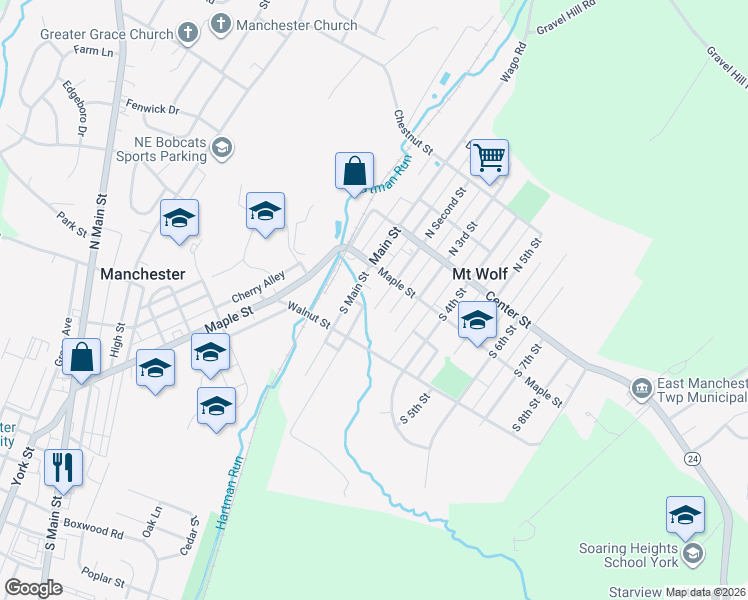 map of restaurants, bars, coffee shops, grocery stores, and more near 143 South Second Street in Mount Wolf