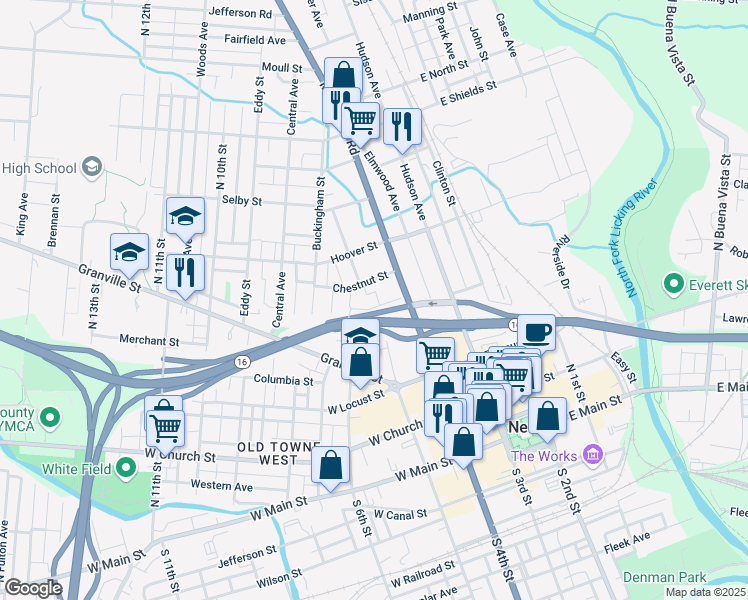 map of restaurants, bars, coffee shops, grocery stores, and more near 84 High Street in Newark