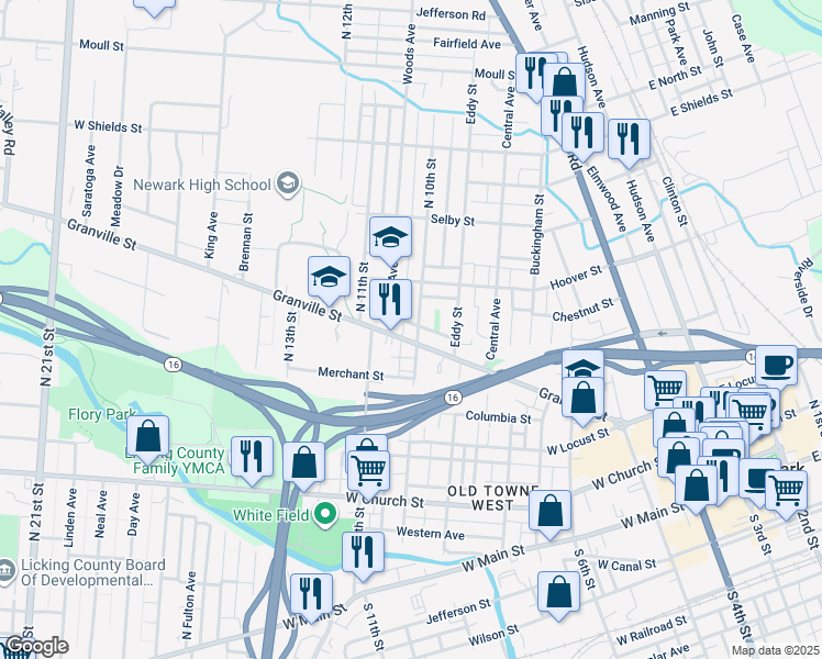 map of restaurants, bars, coffee shops, grocery stores, and more near 245 Granville Street in Newark