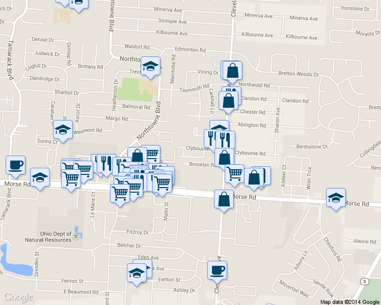 map of restaurants, bars, coffee shops, grocery stores, and more near 4556 Northland Square Drive West in Columbus