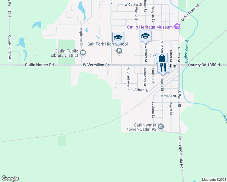 map of restaurants, bars, coffee shops, grocery stores, and more near 201 Martin Court in Catlin