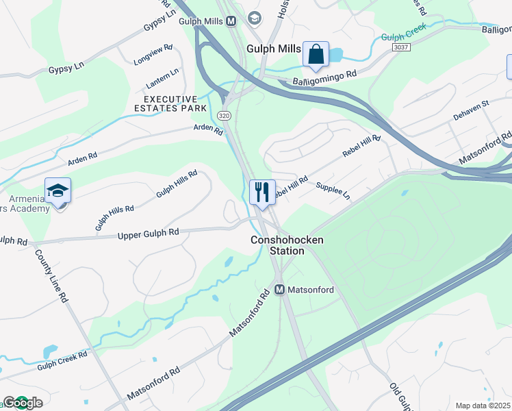 map of restaurants, bars, coffee shops, grocery stores, and more near 1144 South Gulph Road in Conshohocken