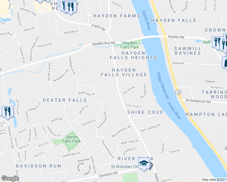 map of restaurants, bars, coffee shops, grocery stores, and more near 4781 Dublin Road in Columbus