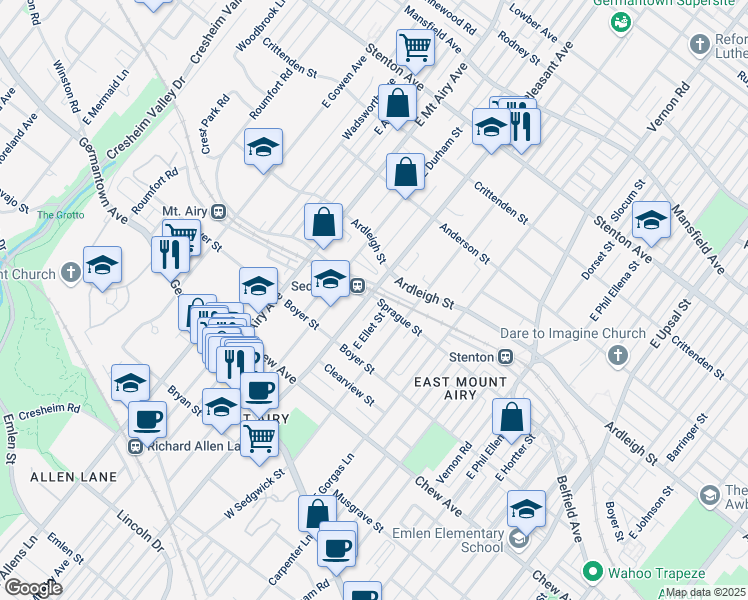 map of restaurants, bars, coffee shops, grocery stores, and more near 276 East Mount Pleasant Avenue in Philadelphia