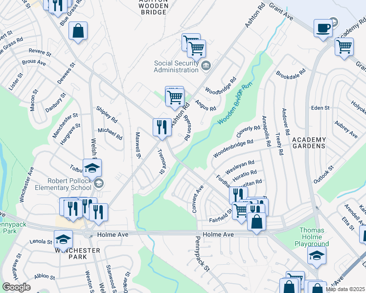 map of restaurants, bars, coffee shops, grocery stores, and more near 9125 Ryerson Road in Philadelphia