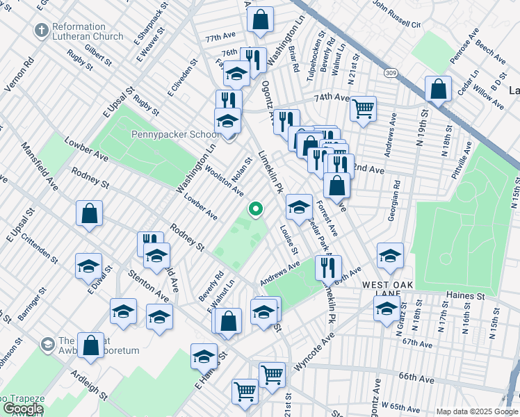 map of restaurants, bars, coffee shops, grocery stores, and more near 1801 Beverly Road in Philadelphia