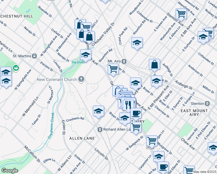 map of restaurants, bars, coffee shops, grocery stores, and more near 23 West Gowen Avenue in Philadelphia