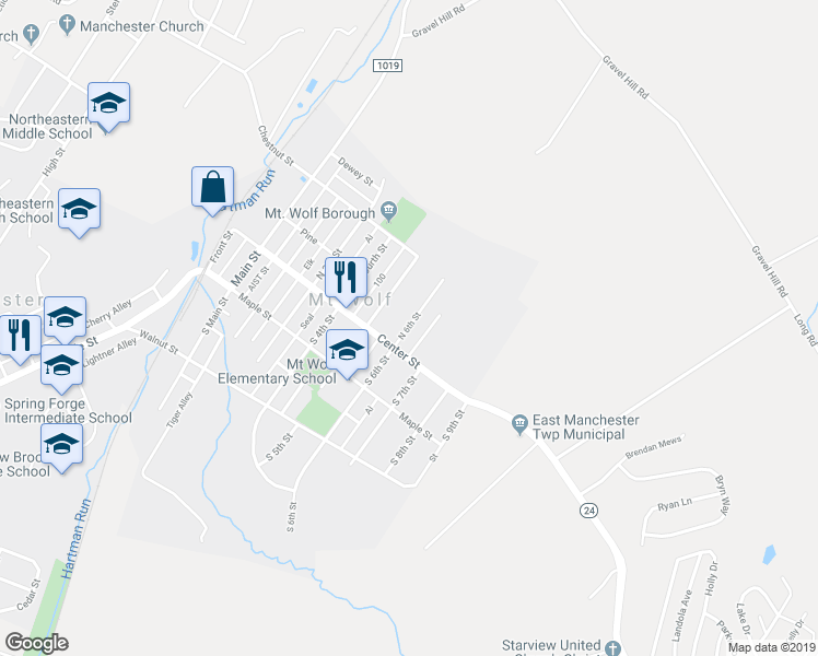 map of restaurants, bars, coffee shops, grocery stores, and more near 65 North 6th Street in Mount Wolf
