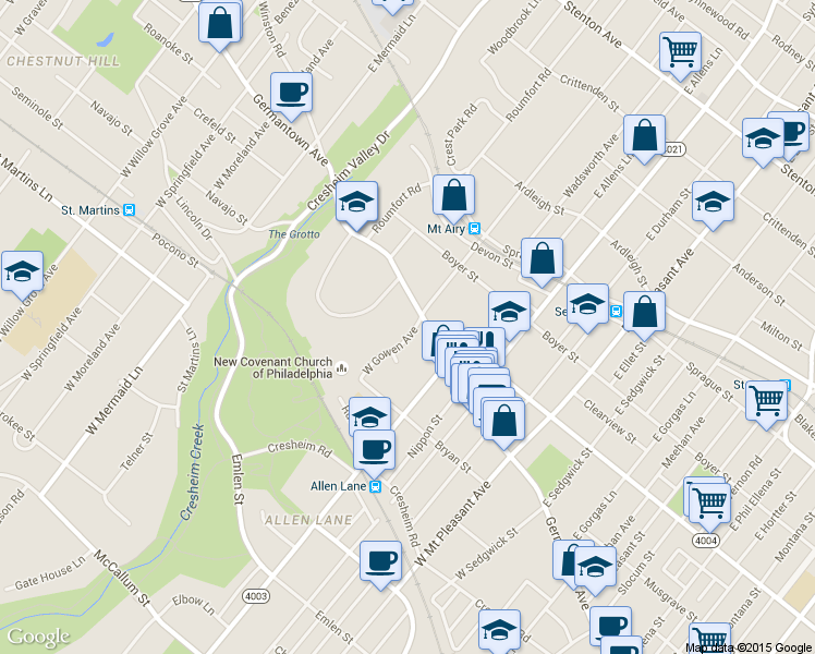 map of restaurants, bars, coffee shops, grocery stores, and more near 23 W Gowen Ave in Philadelphia