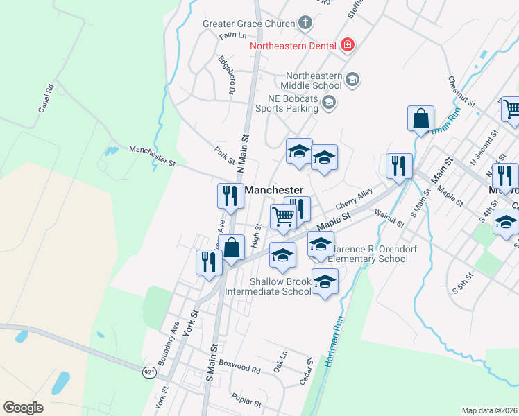 map of restaurants, bars, coffee shops, grocery stores, and more near 118 High Street in Manchester