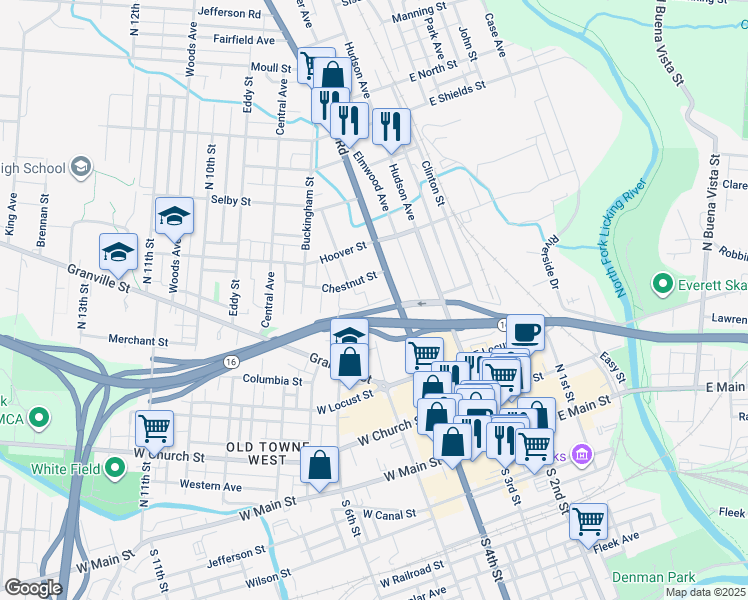 map of restaurants, bars, coffee shops, grocery stores, and more near 64 High Street in Newark