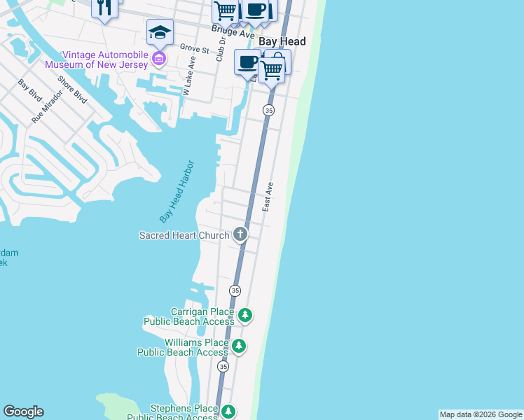 map of restaurants, bars, coffee shops, grocery stores, and more near 723 East Avenue in Bay Head