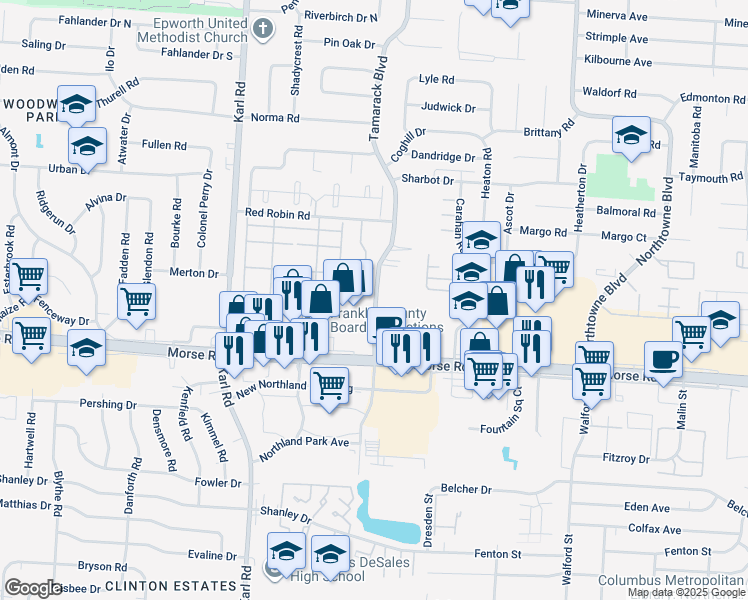 map of restaurants, bars, coffee shops, grocery stores, and more near 4645 Tamarack Boulevard in Columbus