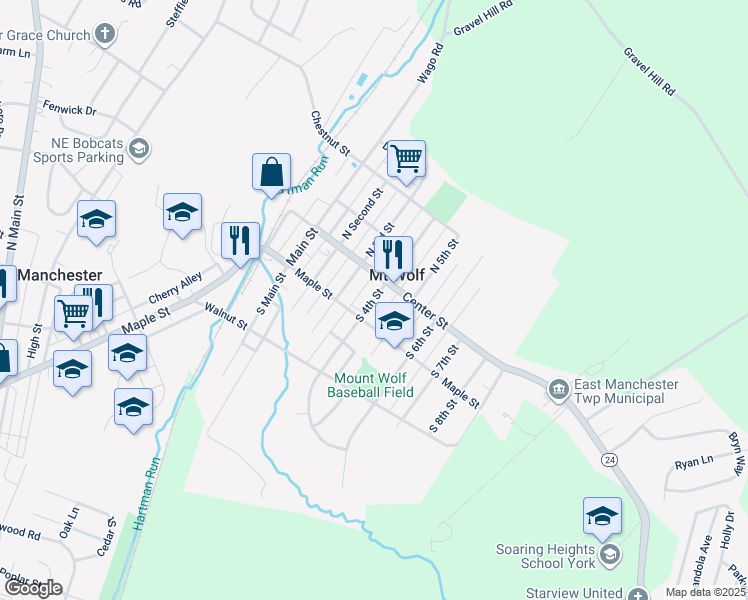 map of restaurants, bars, coffee shops, grocery stores, and more near 4880 North Sherman Street Extension in Mount Wolf
