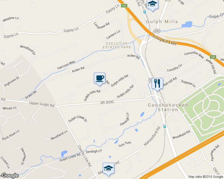 map of restaurants, bars, coffee shops, grocery stores, and more near 240 Gulph Hills Road in Wayne