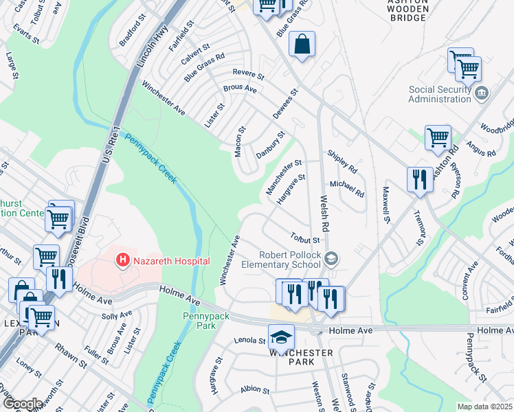 map of restaurants, bars, coffee shops, grocery stores, and more near 2609 Tolbut Street in Philadelphia