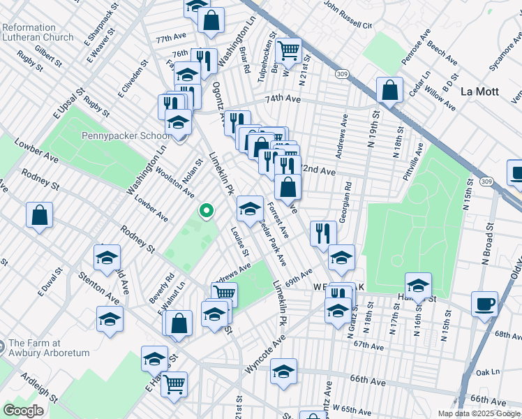 map of restaurants, bars, coffee shops, grocery stores, and more near 7137 Cedar Park Avenue in Philadelphia