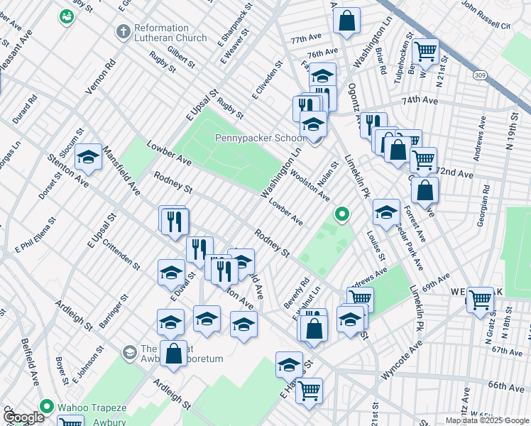 map of restaurants, bars, coffee shops, grocery stores, and more near 1637 East Mayland Street in Philadelphia