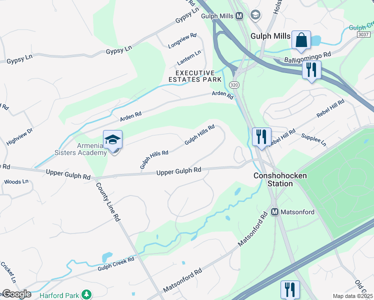 map of restaurants, bars, coffee shops, grocery stores, and more near 240 Gulph Hills Road in Wayne